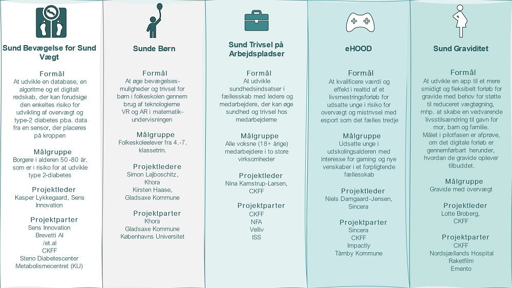 Figuren viser en oversigt over de fem projekter under Erhvervsfyrtårn Life Science – Sund Vægt, som indgår i CKFF’s tværgående evaluering